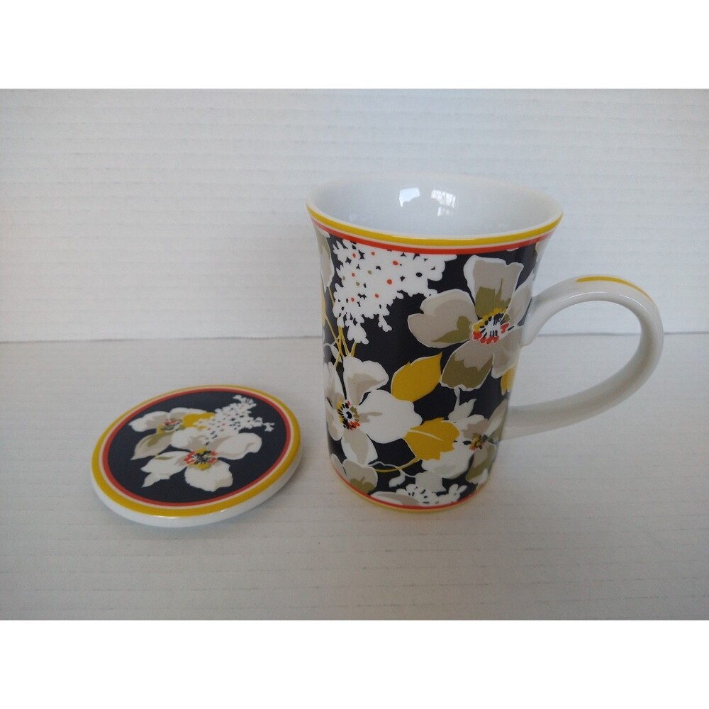 Vera Bradley Coffee Mug Tea Cup with Steeping Lid Dogwood black moody floral